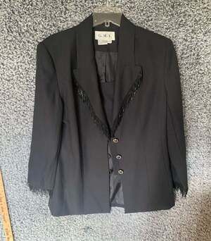 G.M.I. Black Beaded Fringe Blazer Jacket Size 12